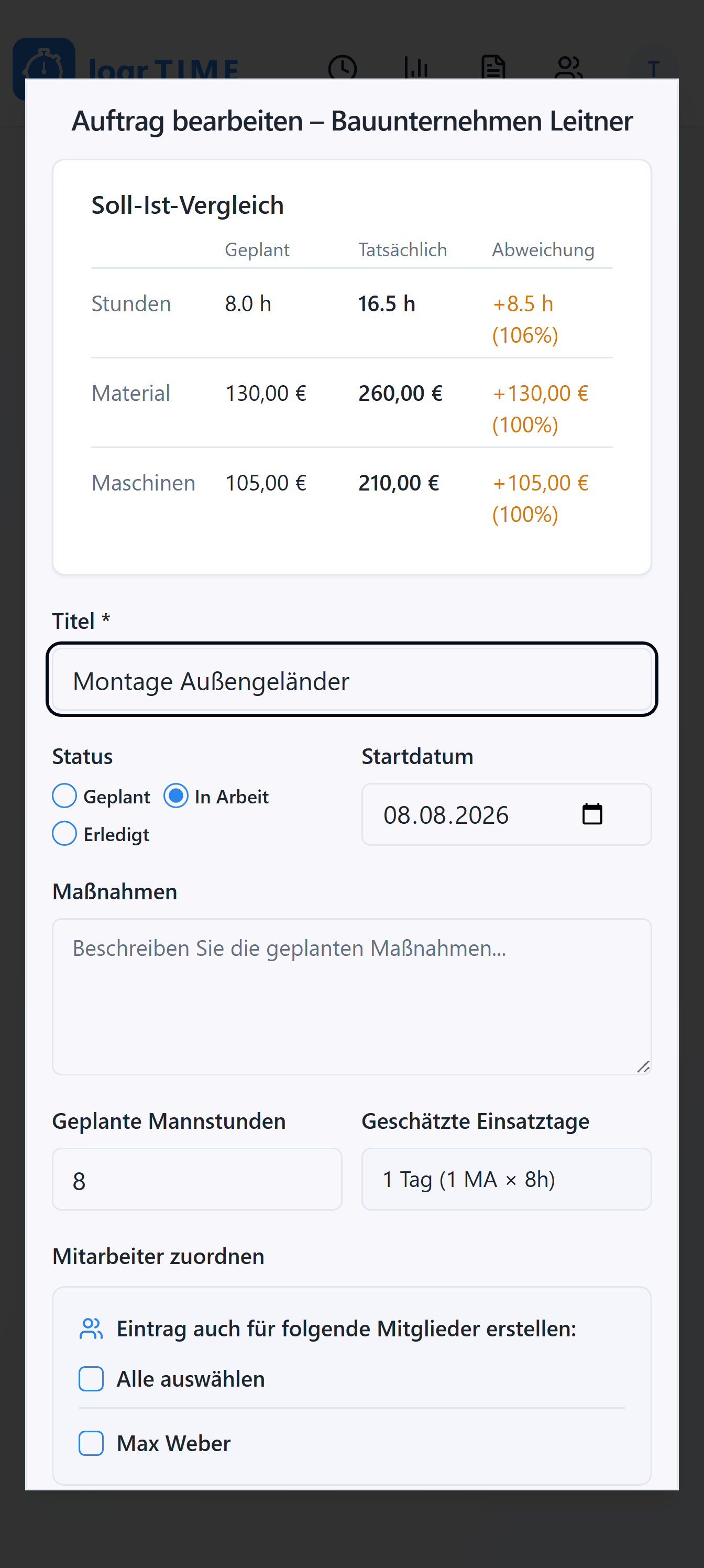 Logr Time Angebot zu Auftrag mit Soll-Ist-Vergleich