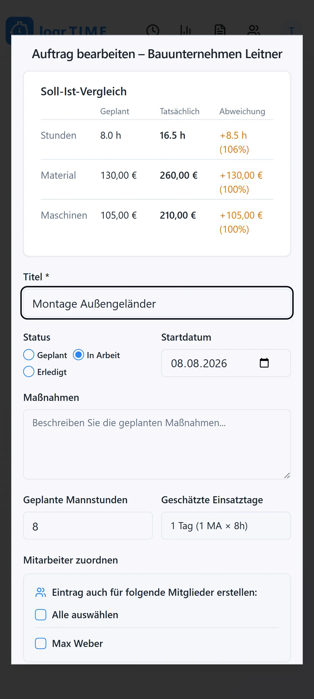 Logr Time Angebot zu Auftrag für EPU