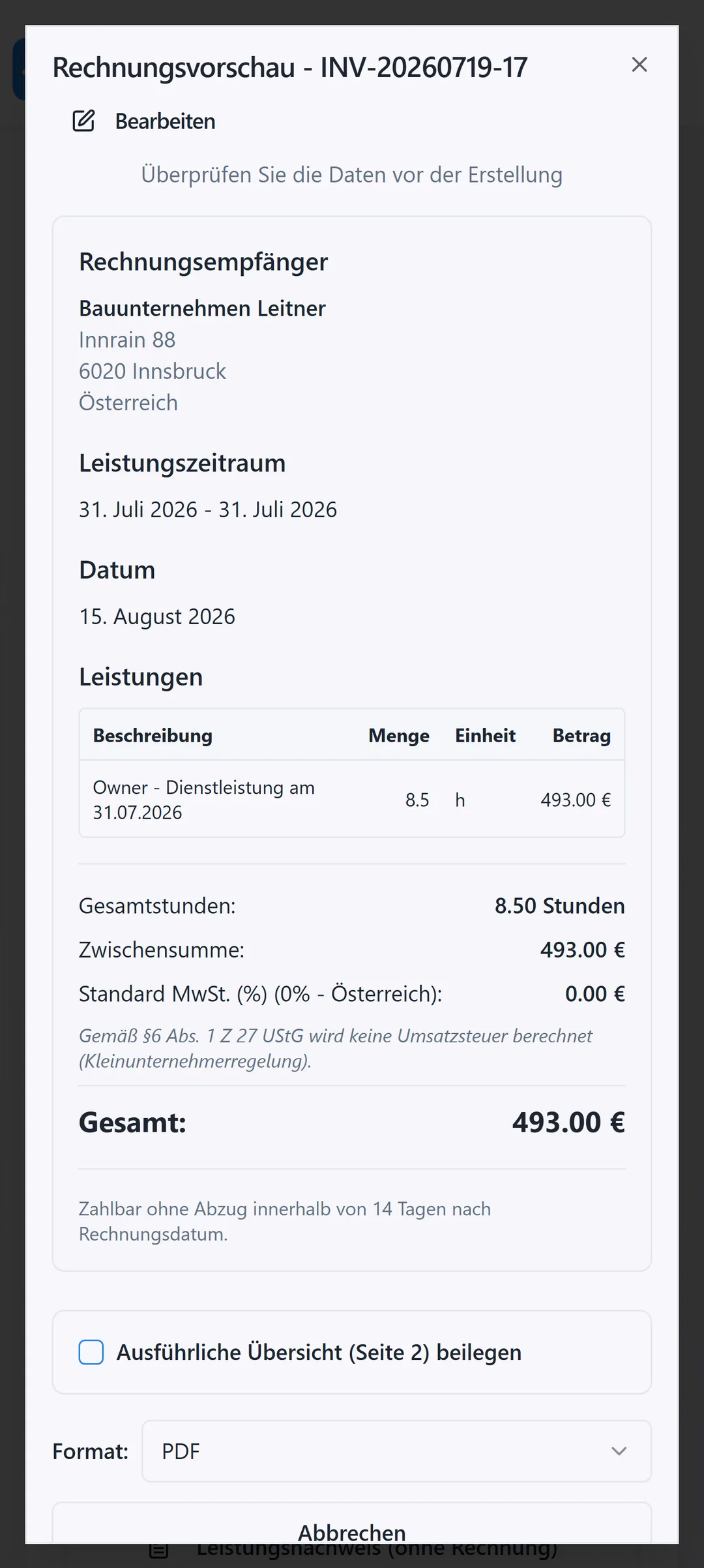 Logr Time Logr Time Rechnung mit Kleinunternehmerregelung Österreich
