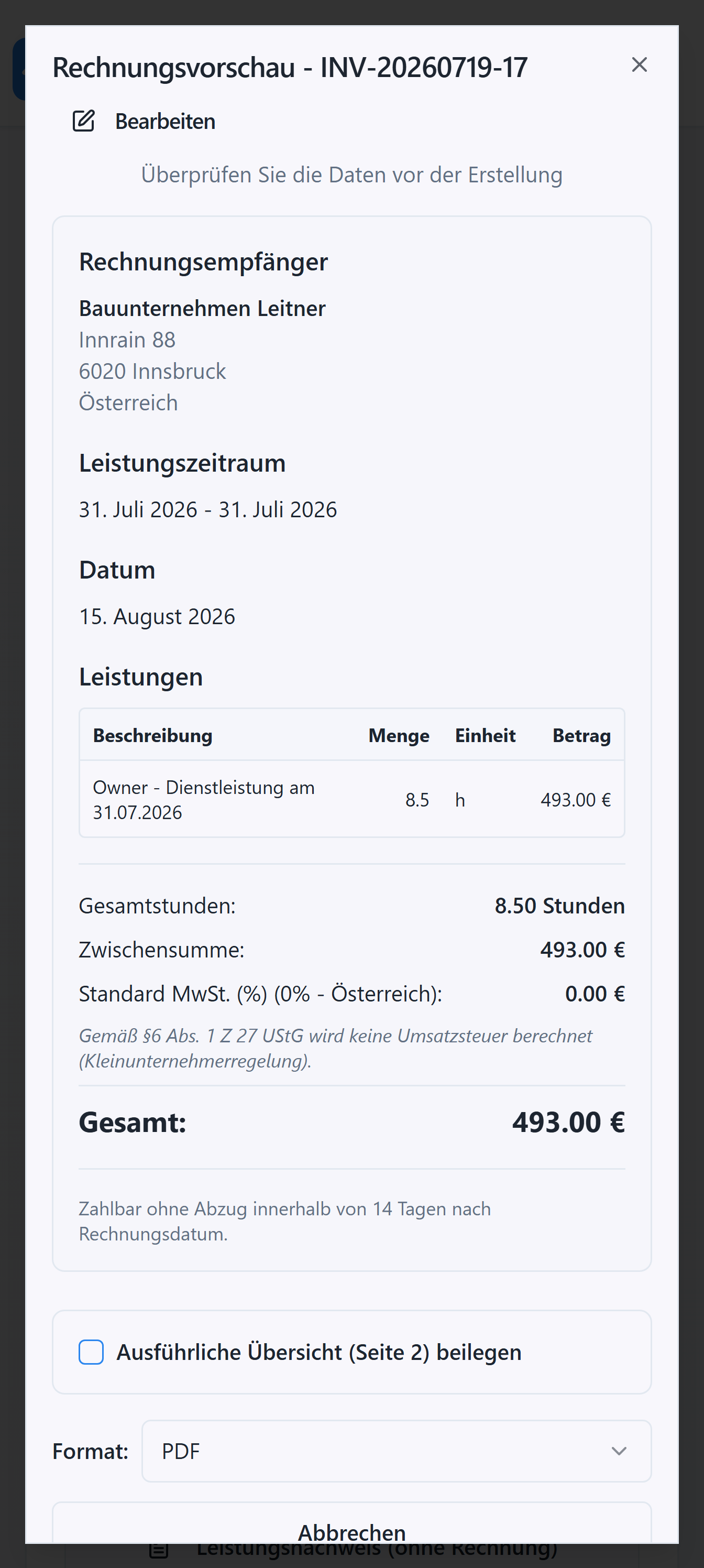 Logr Time Rechnung mit Kleinunternehmerregelung Österreich