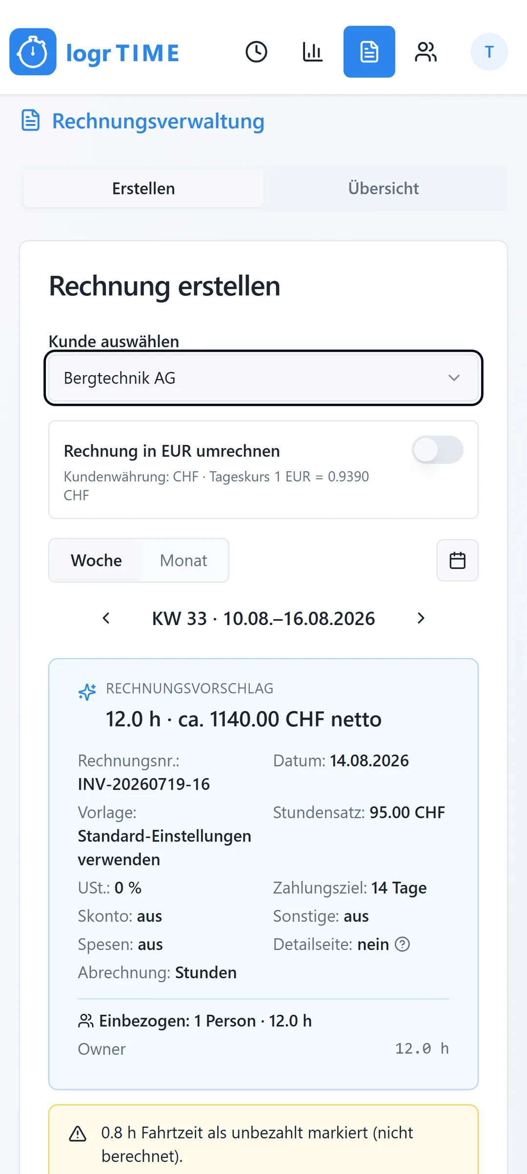 Logr Time CHF-Rechnung mit Wechselkurs