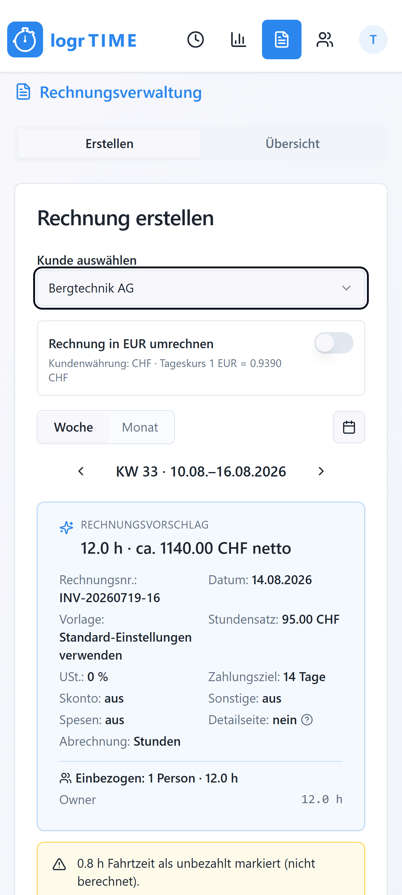 Logr Time CHF-Rechnung mit Wechselkurs