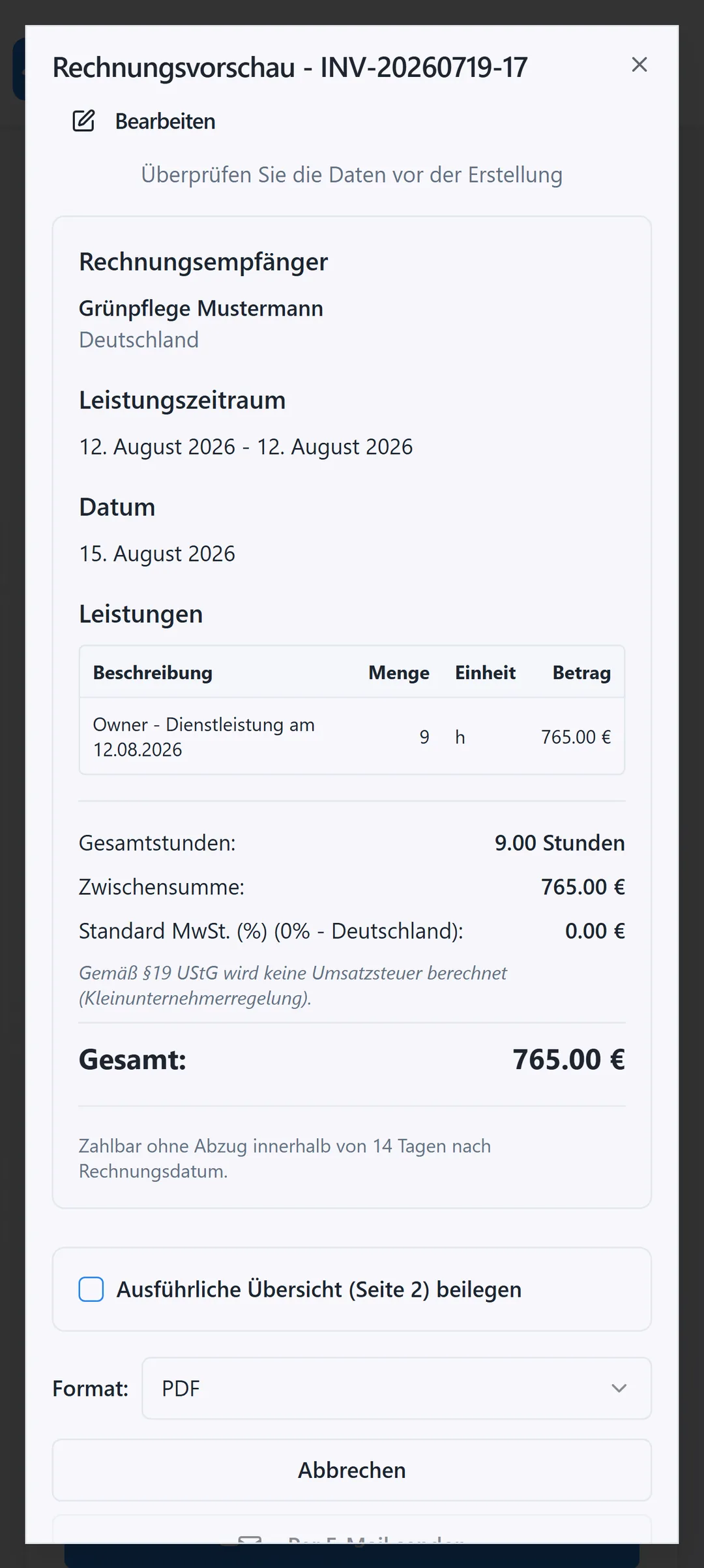 Logr Time Logr Time Rechnung mit Kleinunternehmerregelung Deutschland