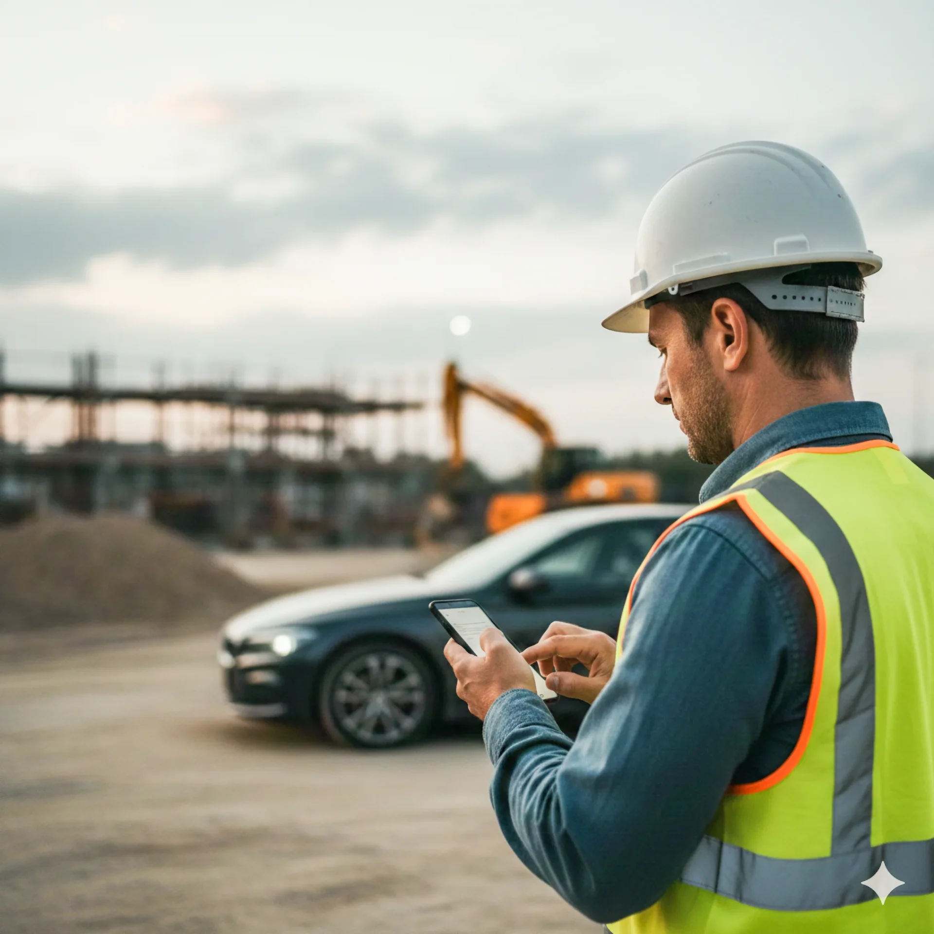 Bauarbeiter mit Warnweste und Helm erfasst Arbeitszeit per Smartphone auf der Baustelle