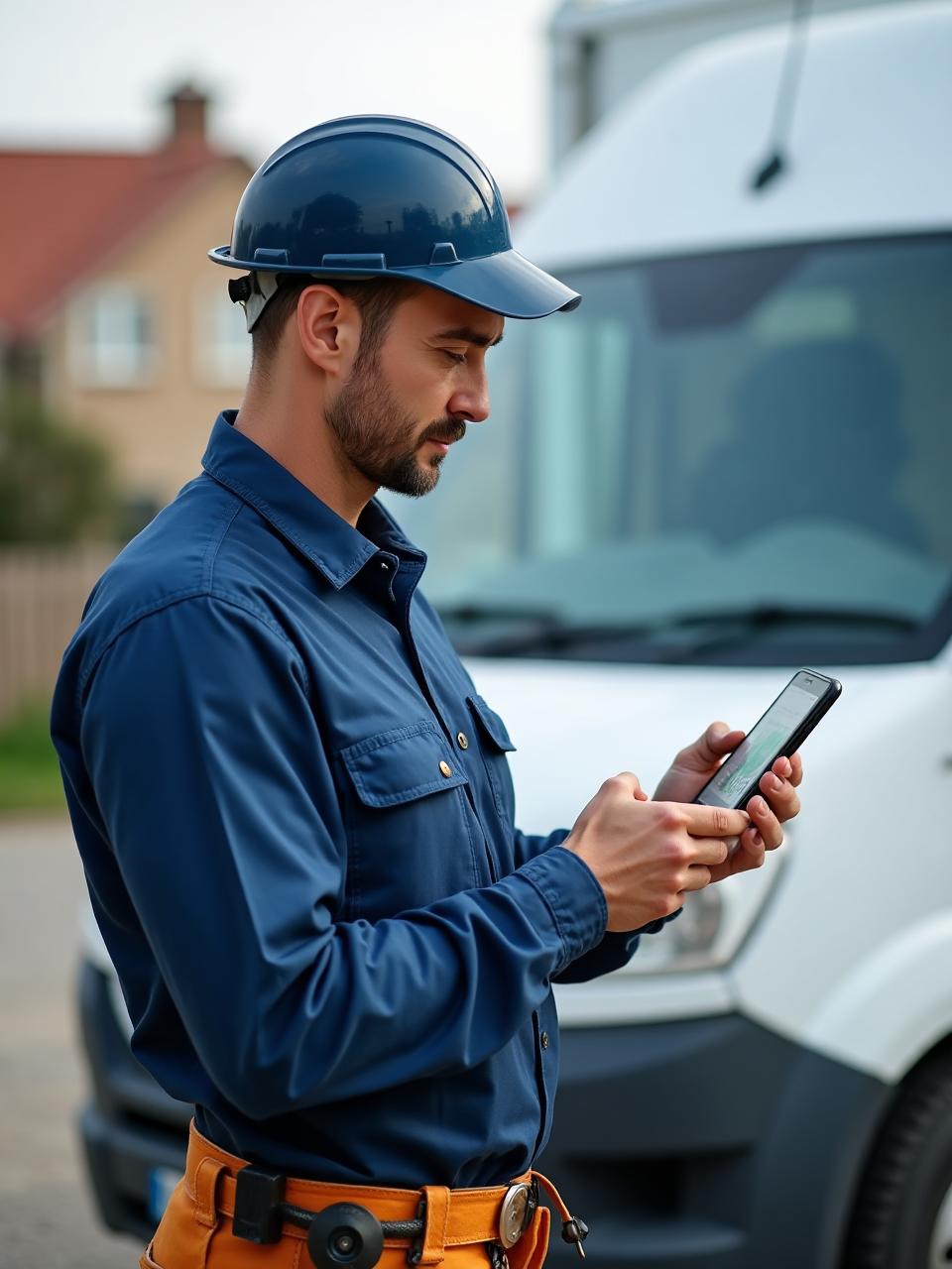 Handwerker erfasst Arbeitszeit mit Logr Time auf dem Smartphone auf der Baustelle