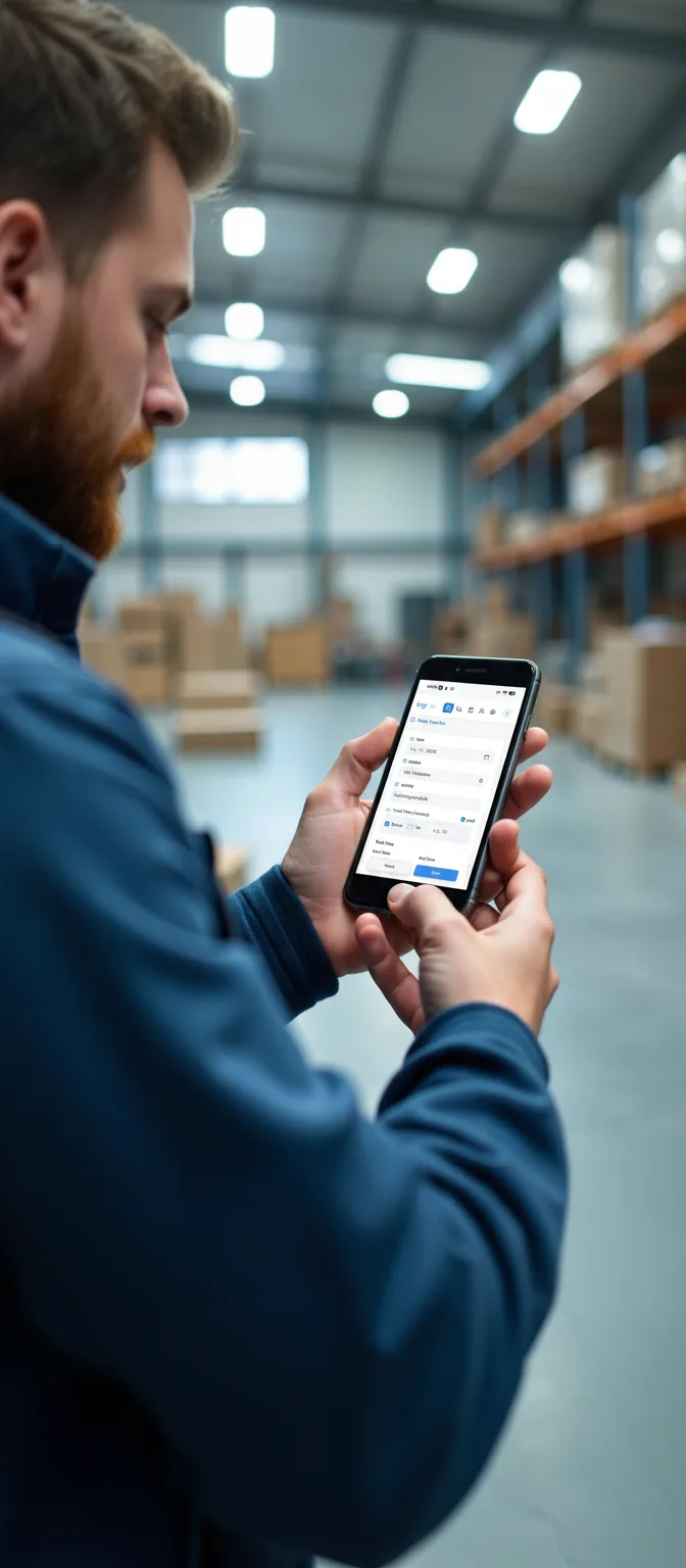 Logr Time App auf Smartphone – Kundenverwaltung und Zeiterfassung Mitarbeiter im Lager nutzt Smartphone mit Logr Time – Zeiterfassung mit Kunde und Standort