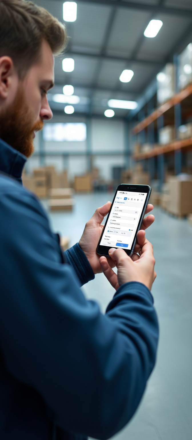 Mitarbeiter im Lager nutzt Smartphone mit Logr Time – Zeiterfassung mit Kunde und Standort
