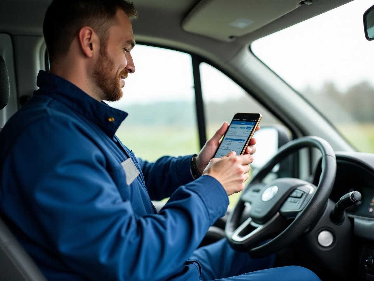 Handwerker im Blaumann im Transporter schaut auf Rechnungsvorschau am Smartphone