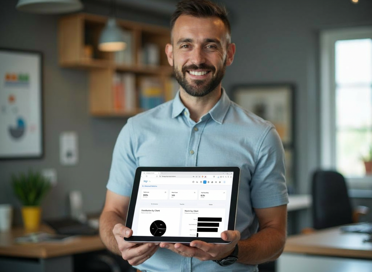 Lächelnder Unternehmer hält Tablet mit Logr Time Statistik-Dashboard – Kreisdiagramm und Balkendiagramme zeigen Stunden nach Kunde