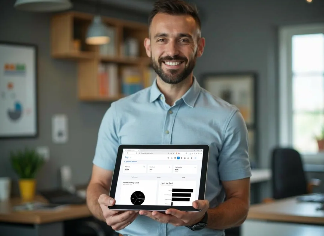 Lächelnder Unternehmer hält Tablet mit Logr Time Statistik-Dashboard – Kreisdiagramm und Balkendiagramme zeigen Stunden nach Kunde