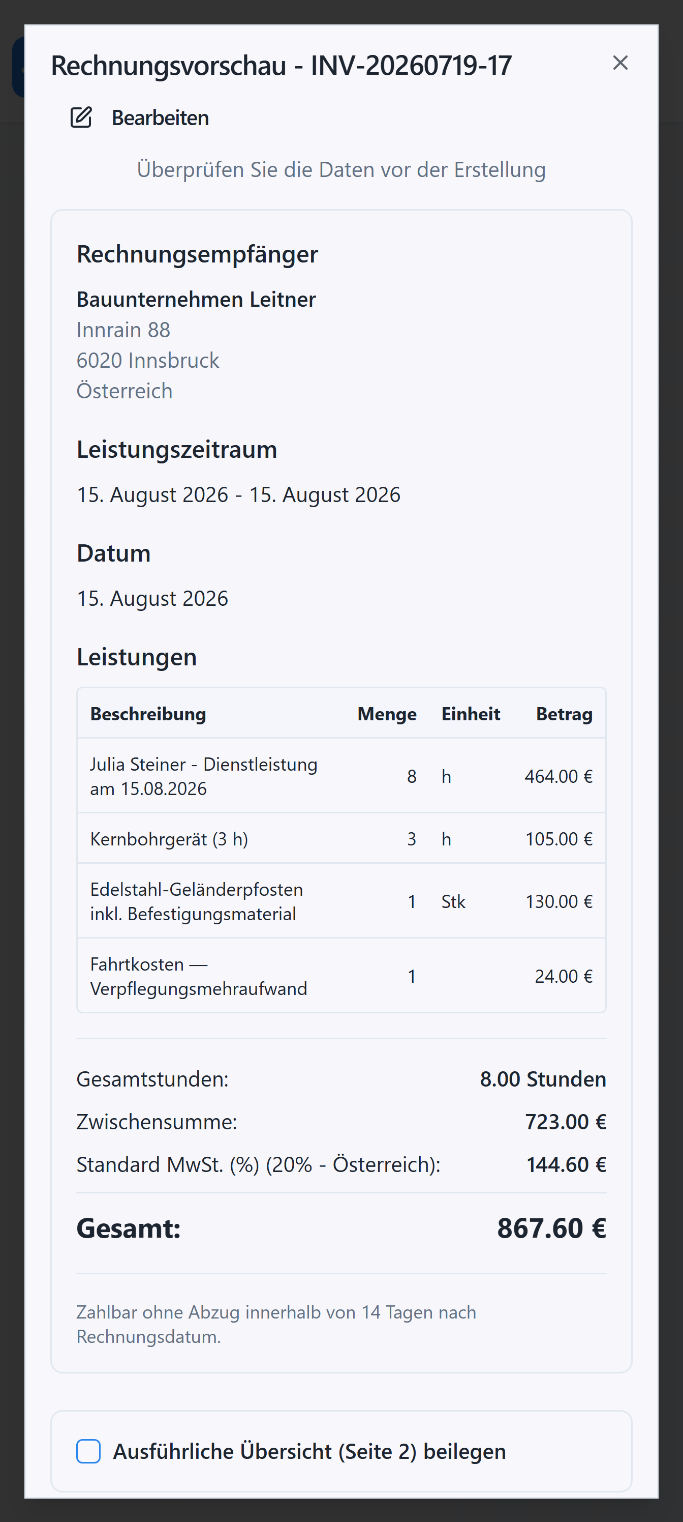 Logr Time Rechnung mit Arbeitszeit, Material, Maschine und Spesen
