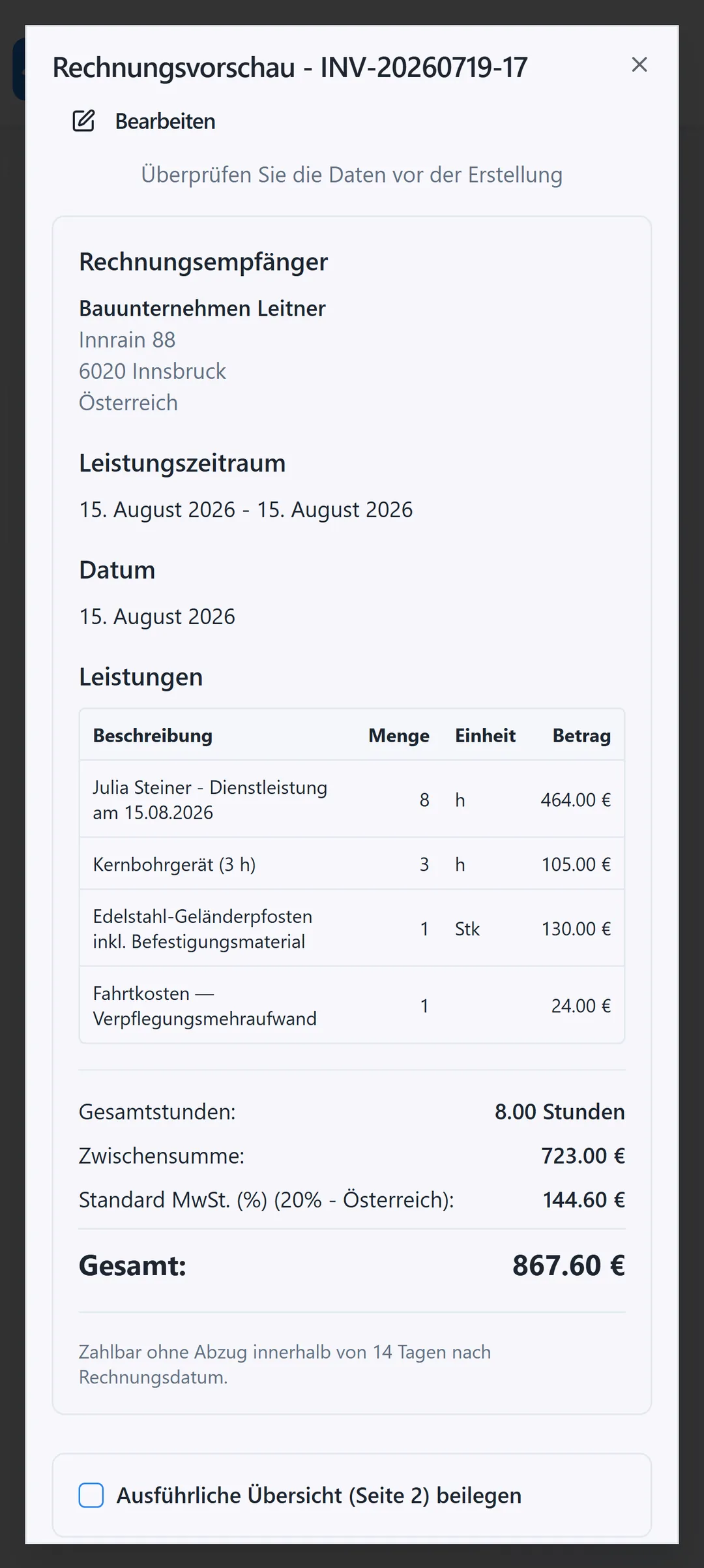 Logr Time Rechnung mit Arbeitszeit, Material, Maschine und Spesen als eigene Positionen