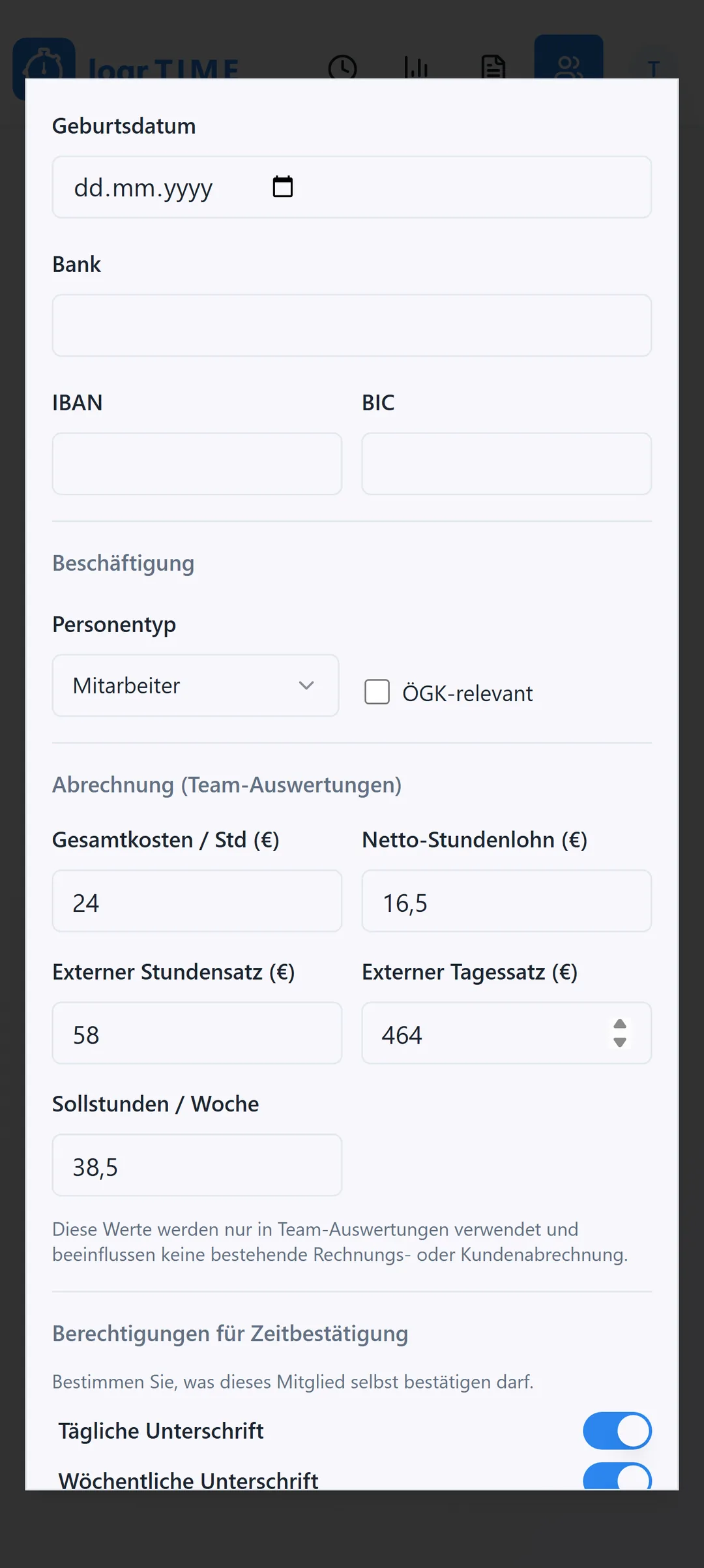 Logr Time Mitarbeiter-Stammdaten mit internem und externem Stundensatz