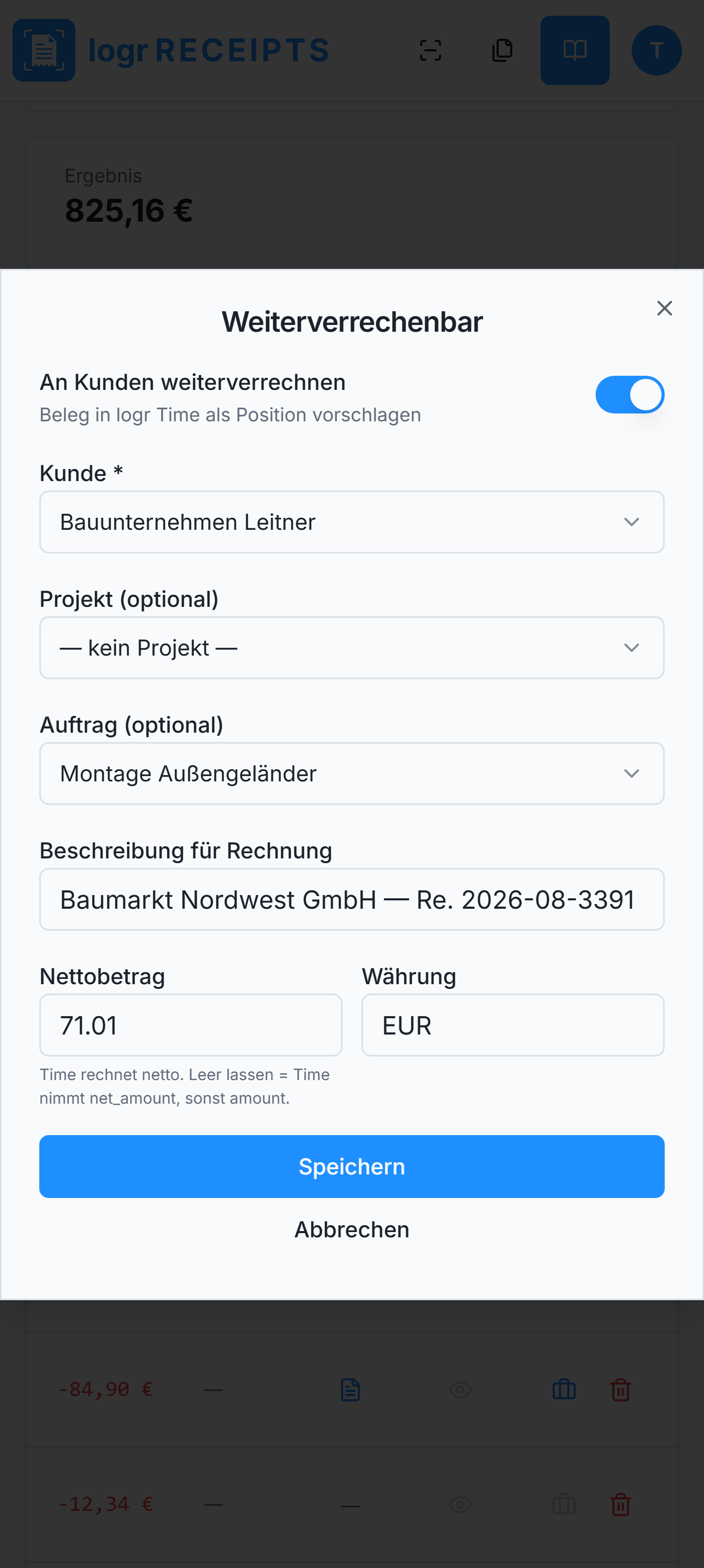 Logr Receipts Logr Receipts Beleg einem Kunden und Auftrag zuordnen