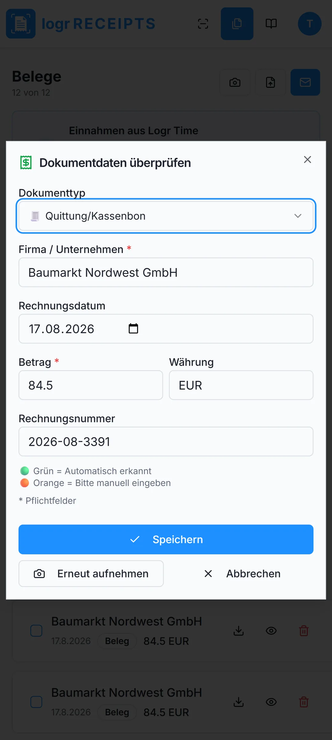 Logr Receipts Logr Receipts erkannte Belegdaten nach der Aufnahme