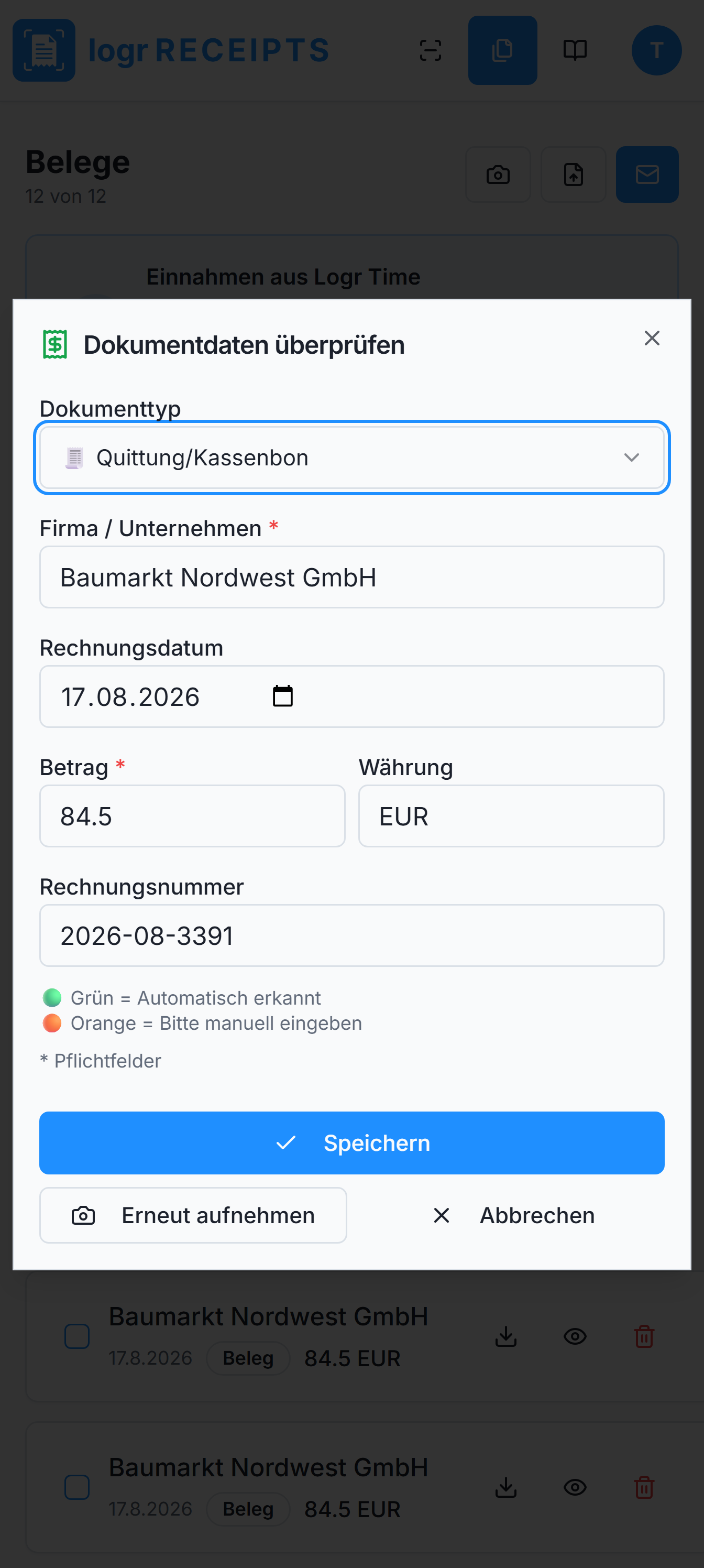 Logr Receipts erkannte Belegdaten für EPU