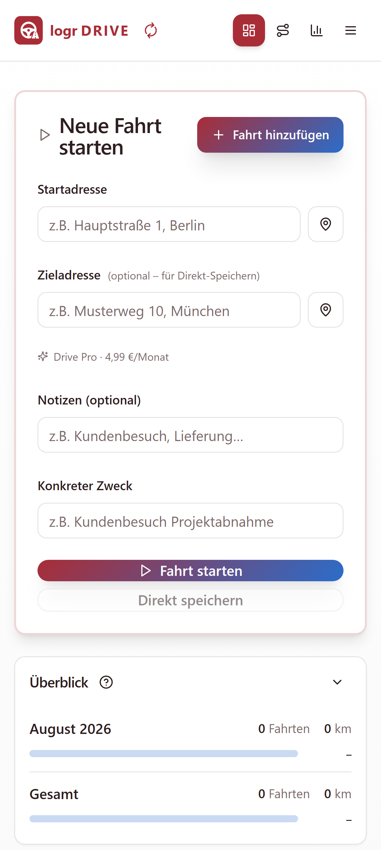 Digitales Fahrtenbuch: Fahrt erfassen