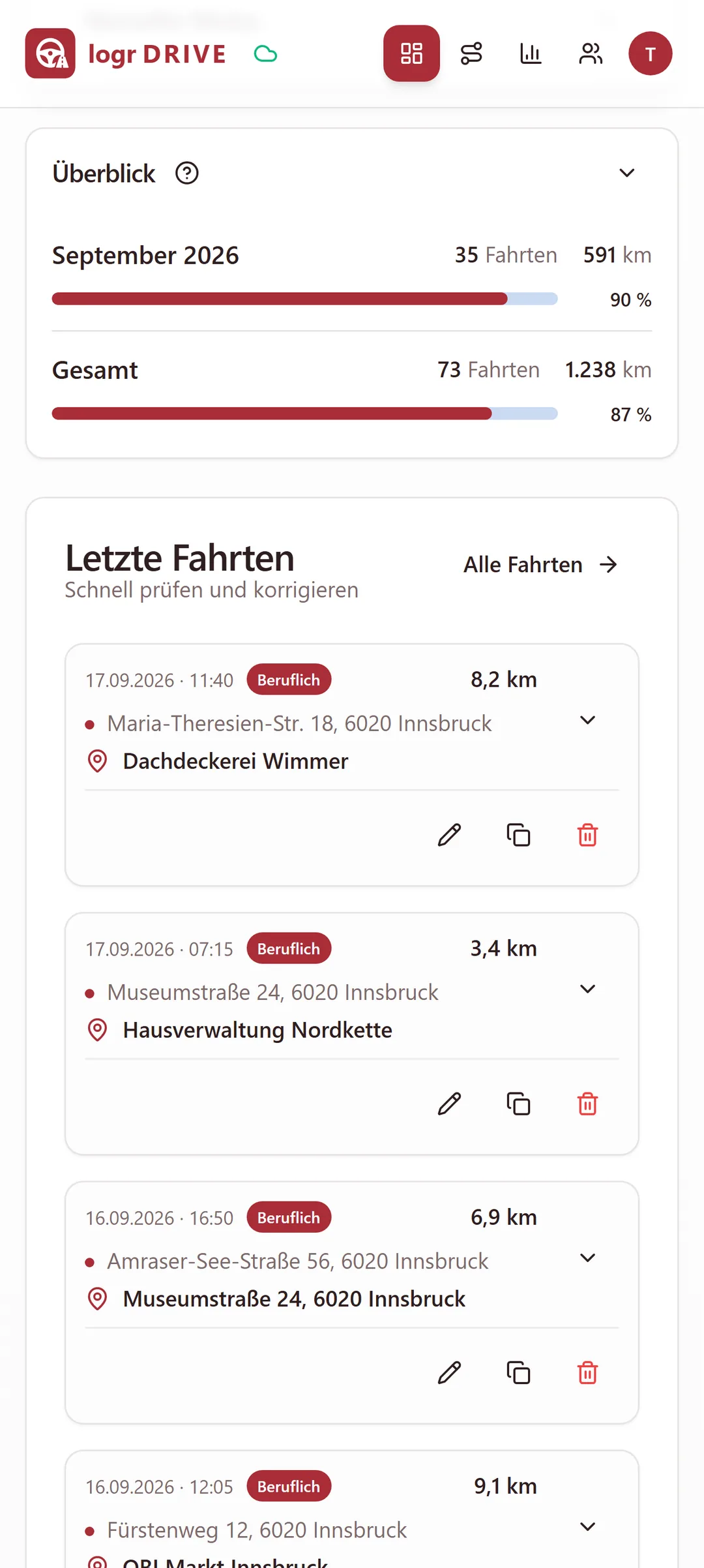 Monatsüberblick in Logr Drive mit Fahrten und Kilometern
