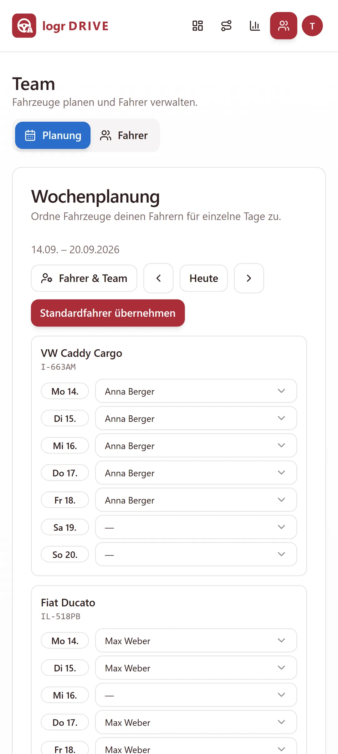 Wochenplanung für den Fuhrpark in Logr Drive