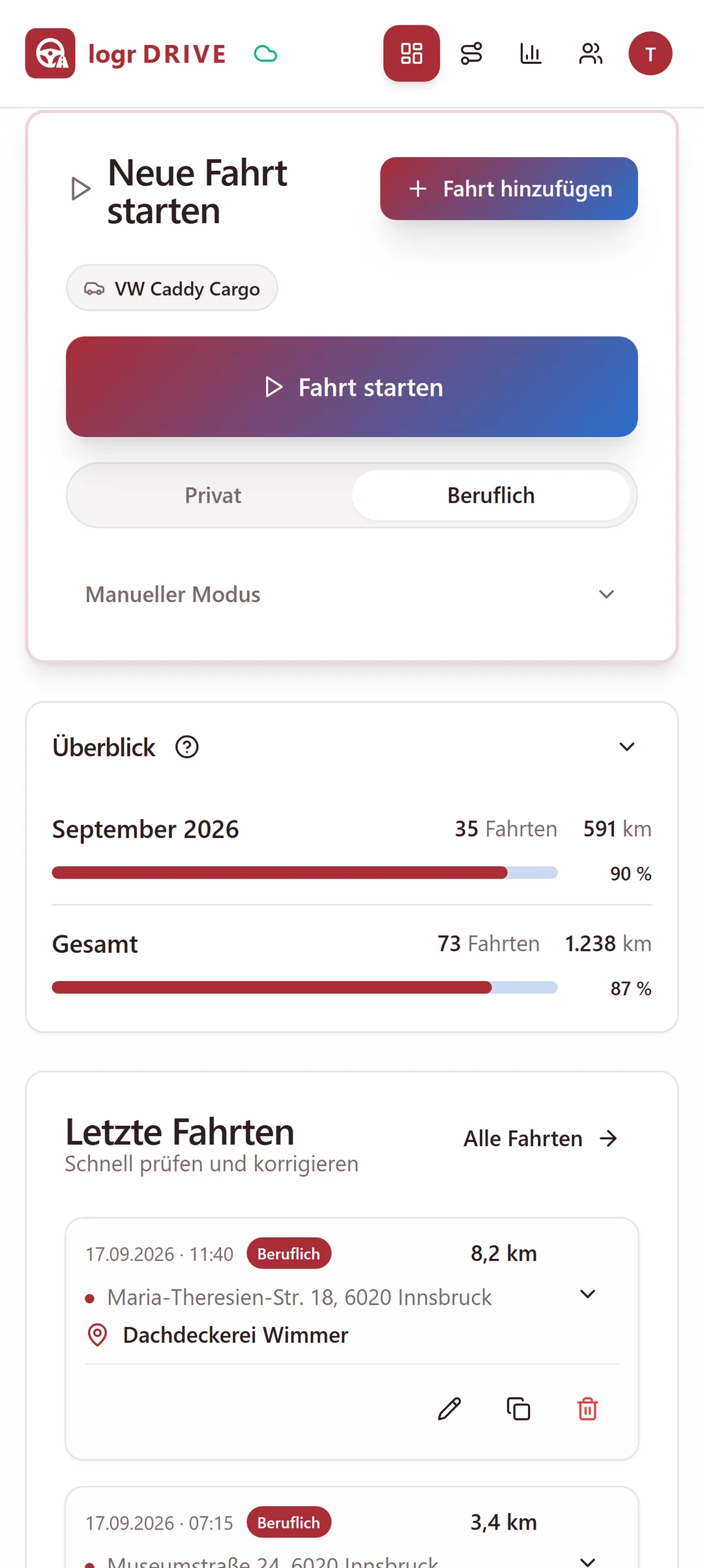 Fahrt erfassen in Logr Drive