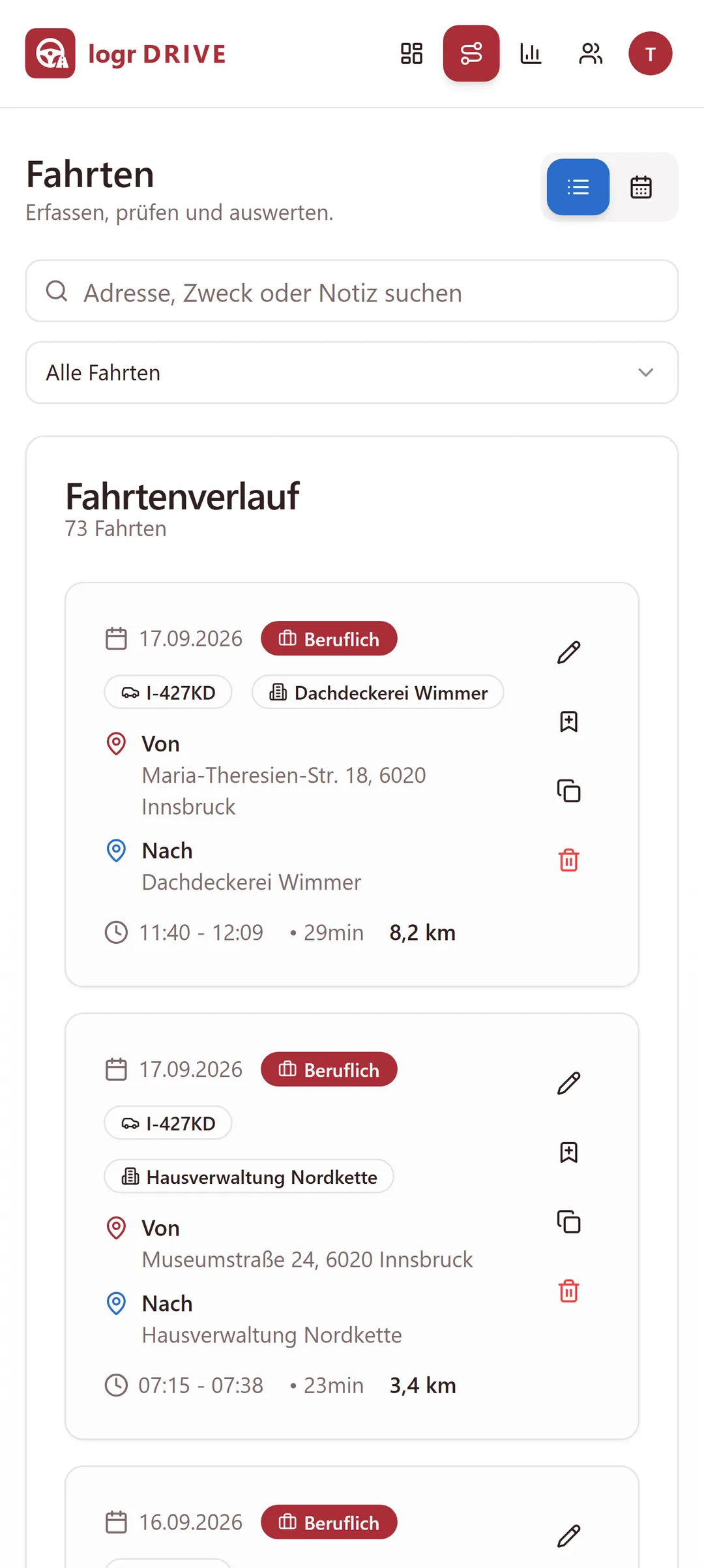 Fahrtenverlauf in Logr Drive
