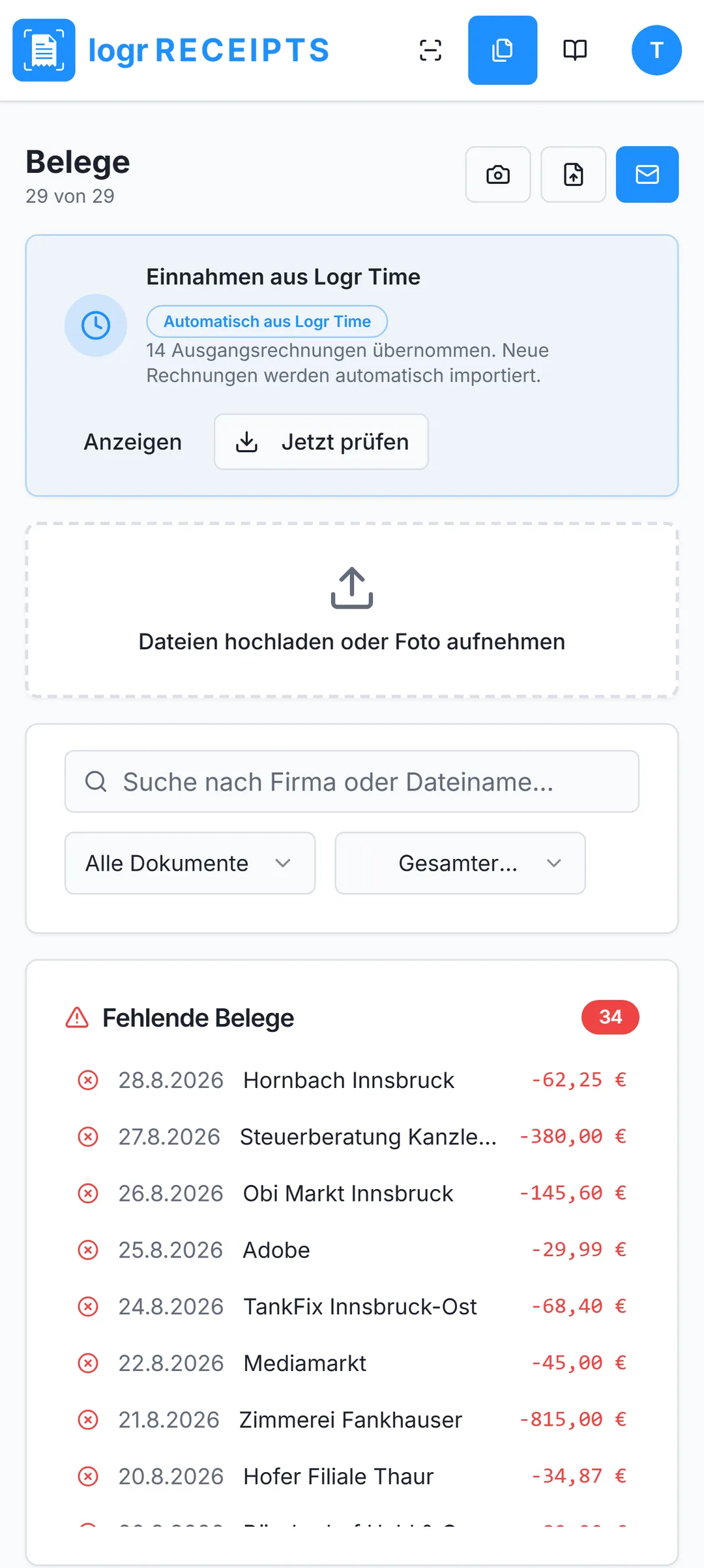 Logr Receipts auf dem Smartphone