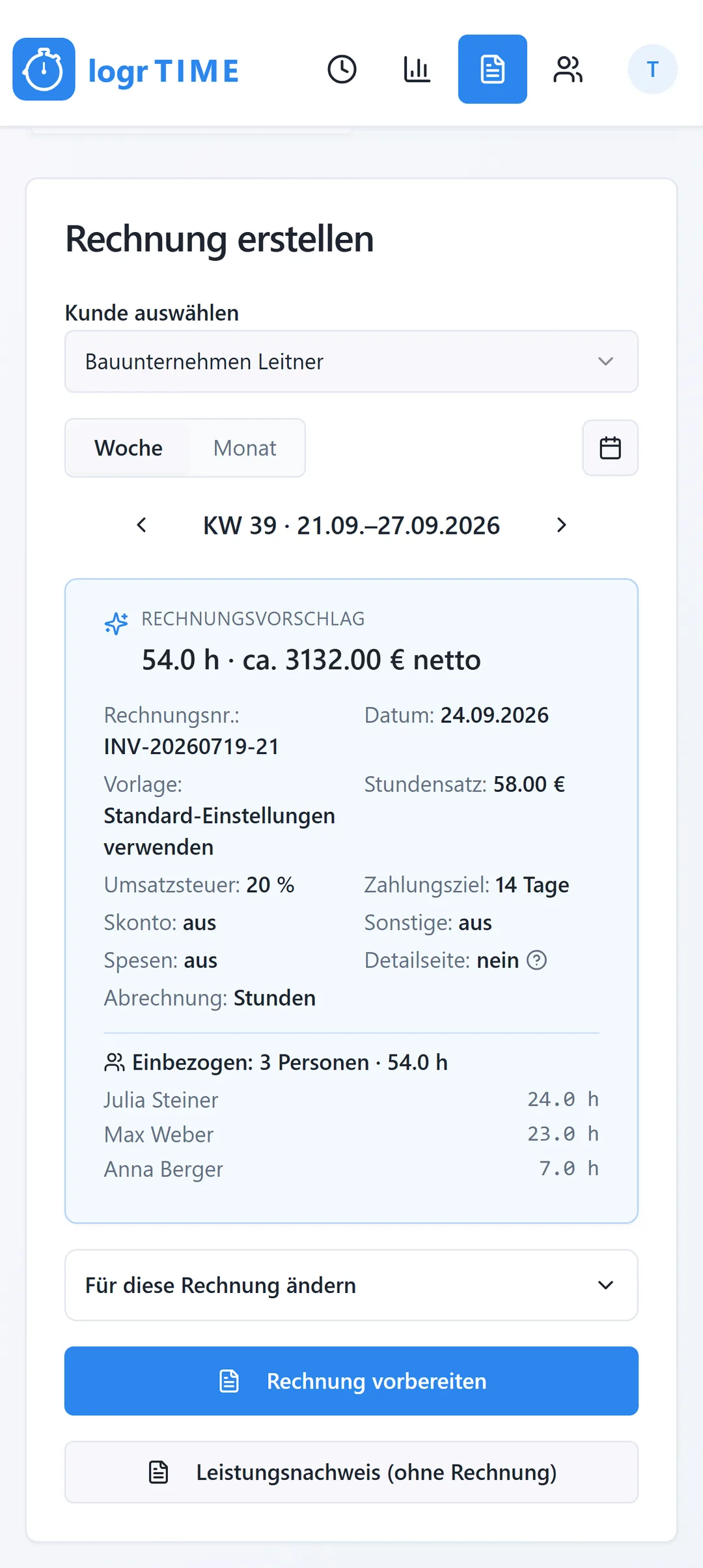 Logr Time – Rechnung erstellen