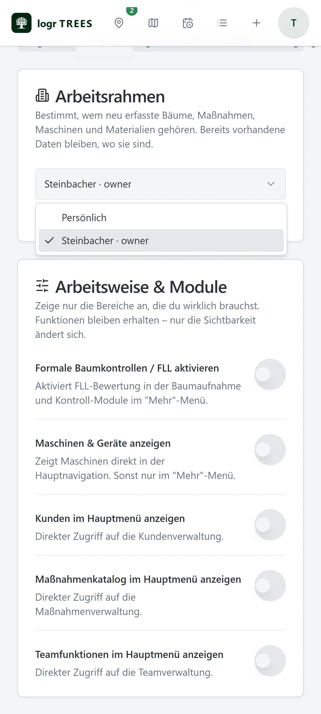 Arbeitsrahmen umschalten zwischen persönlich und Organisation, darunter die Module-Einstellungen