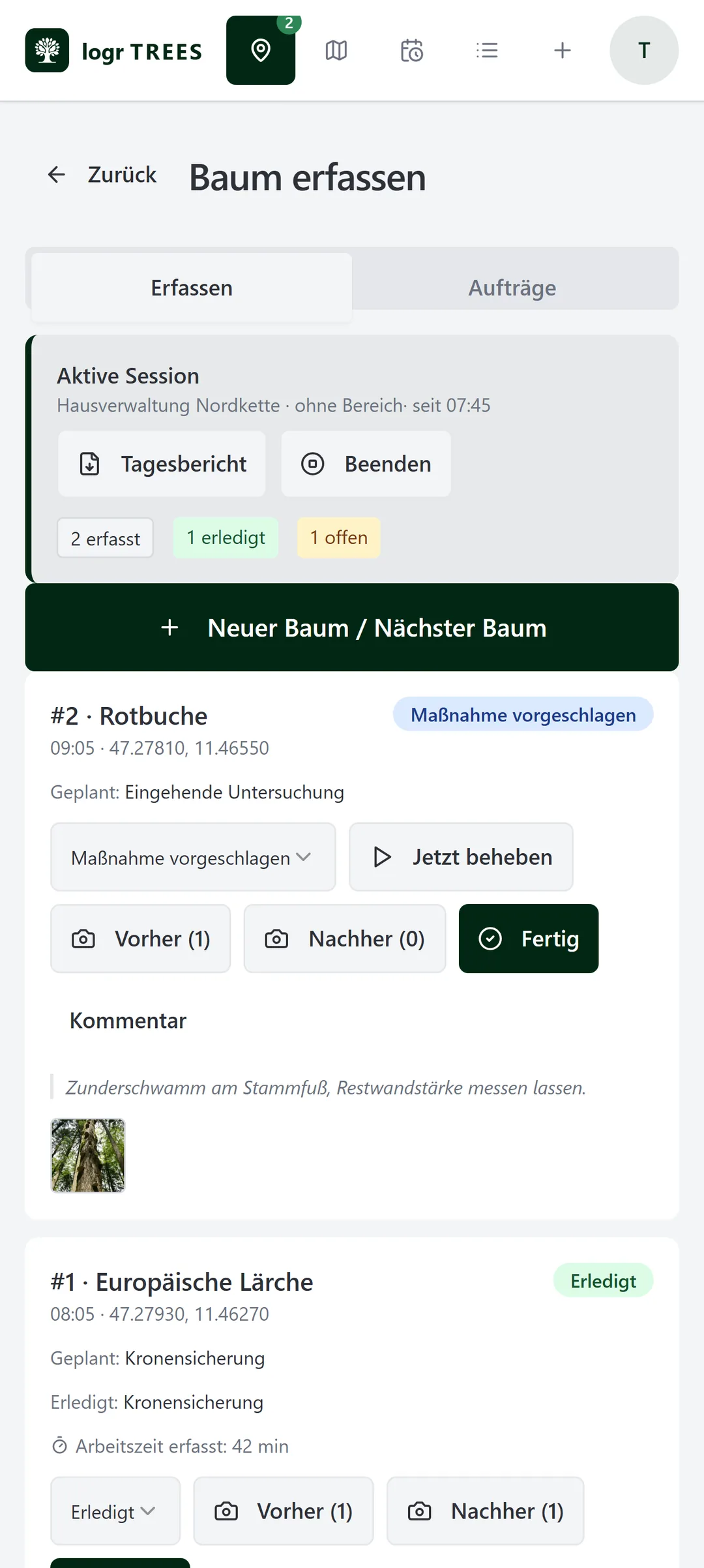 Maßnahme mit einem Tap auf Fertig direkt vor Ort erledigen