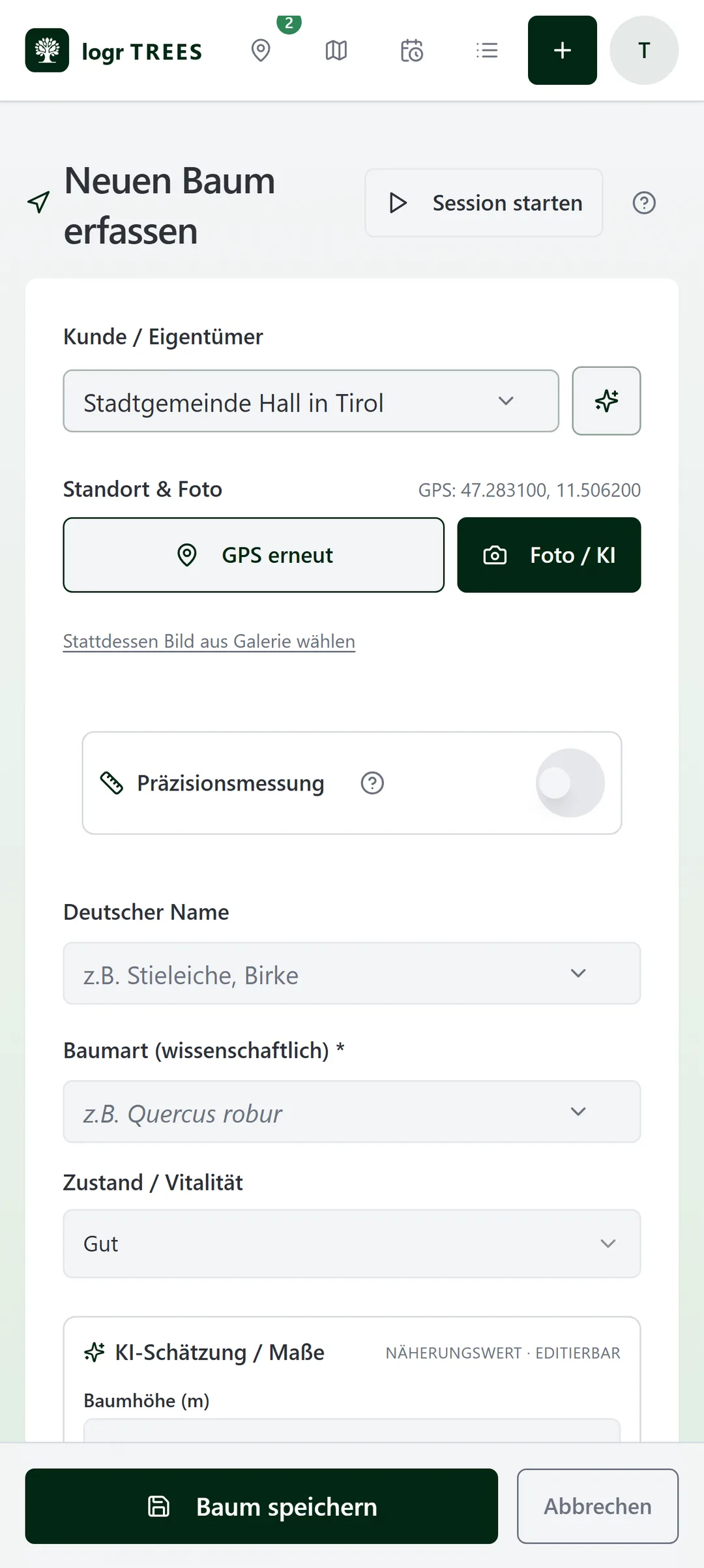 Baum erfassen mit KI-Vorschlag für Art, Schäden und Maßnahme