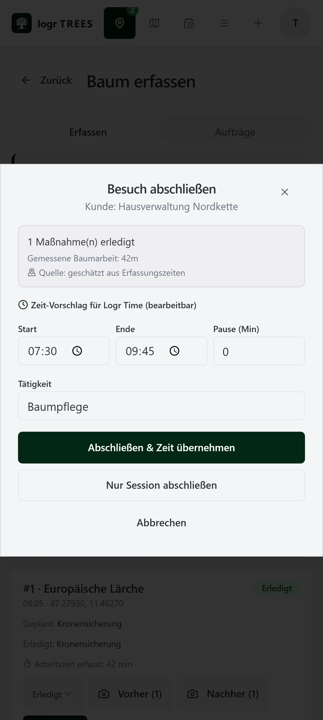 Besuch abschließen mit automatischem Zeitvorschlag für Logr Time
