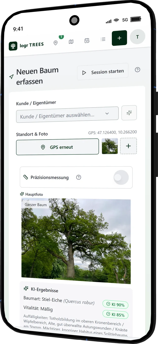 Logr Trees – Baum fotografieren — die KI erkennt Art, Vitalität und Schäden