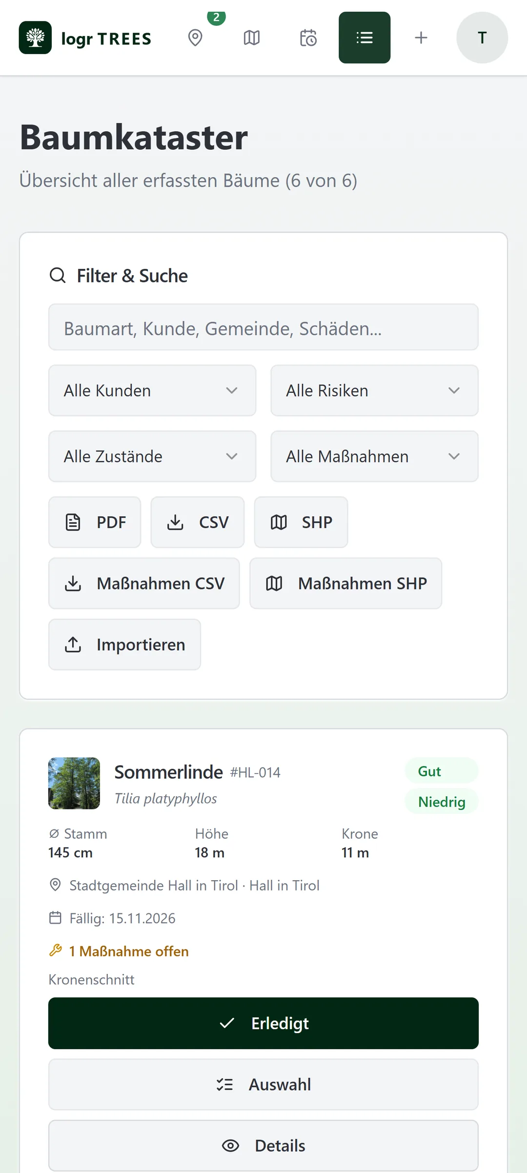 Baumkataster mit realen Bäumen, Risiko-Badges, Filtern und PDF/CSV-Export