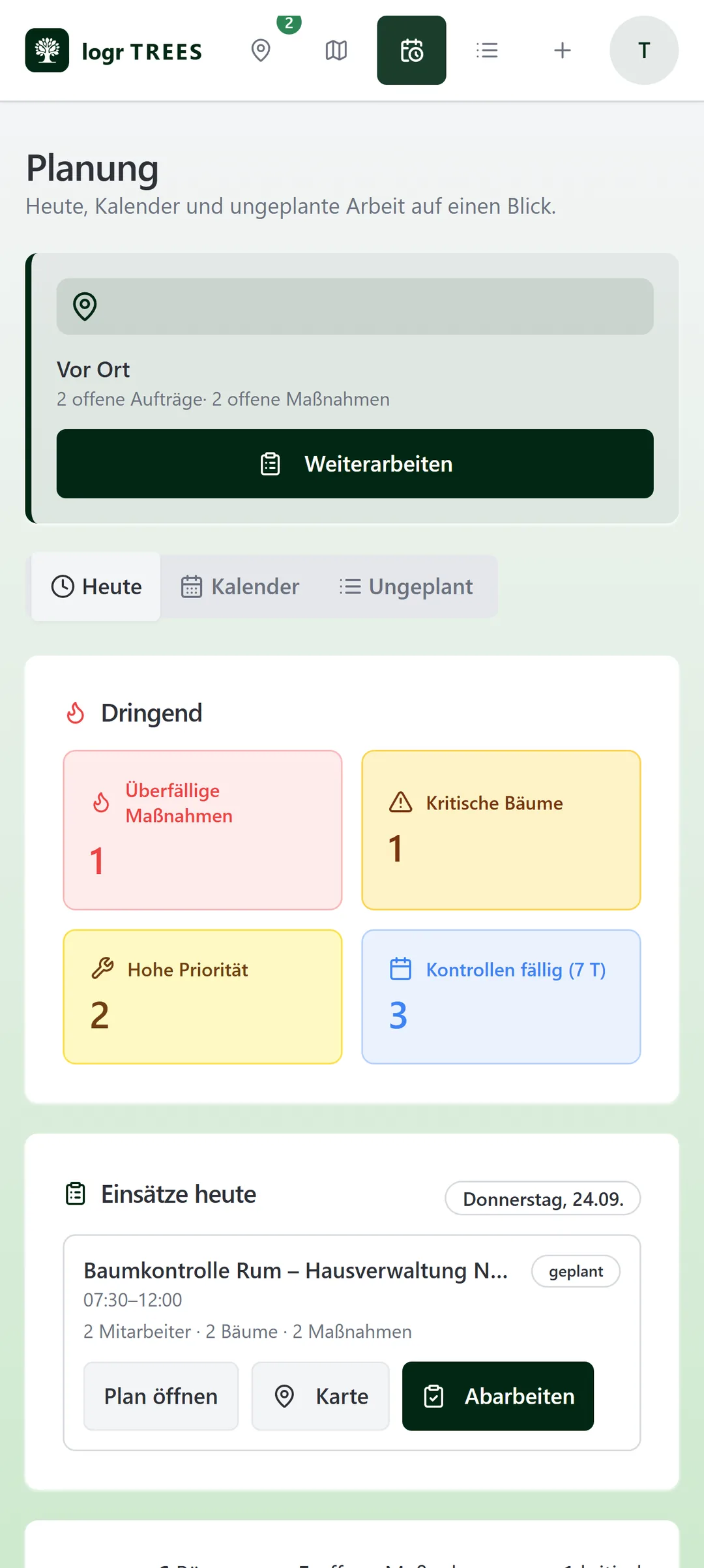 Planung mit dringenden Maßnahmen, kritischen Bäumen und fälligen Kontrollen